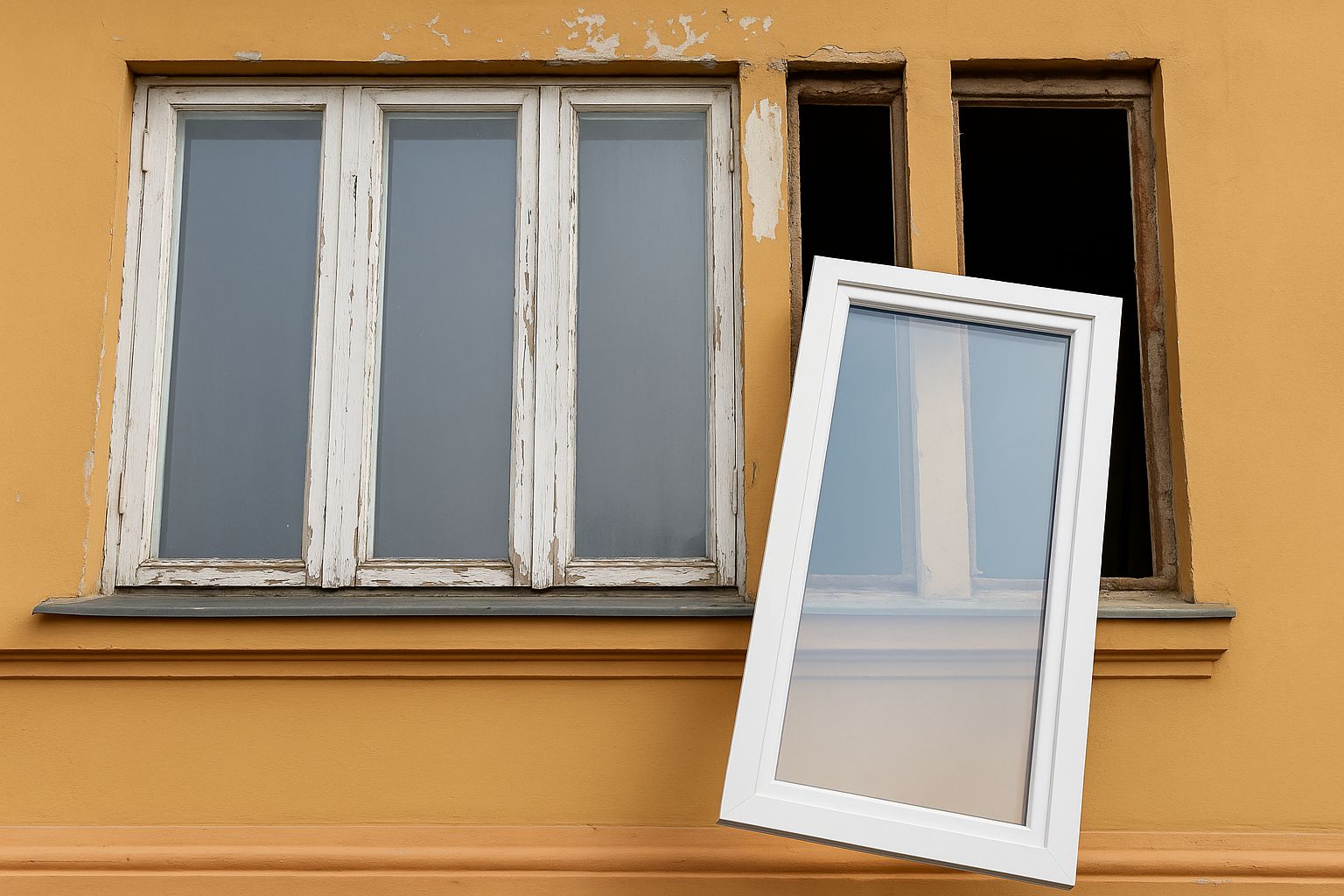 Arbetare monterar nya vita fönsterkarmar i ett äldre brunt trähus.